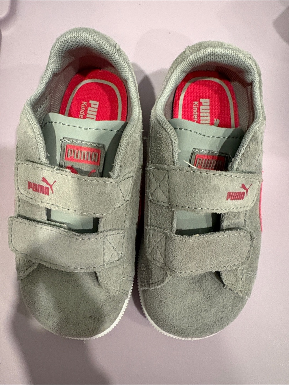 Brand New Puma Kids Toddler Gray Suede Velcro Sneakers with Pink Accents